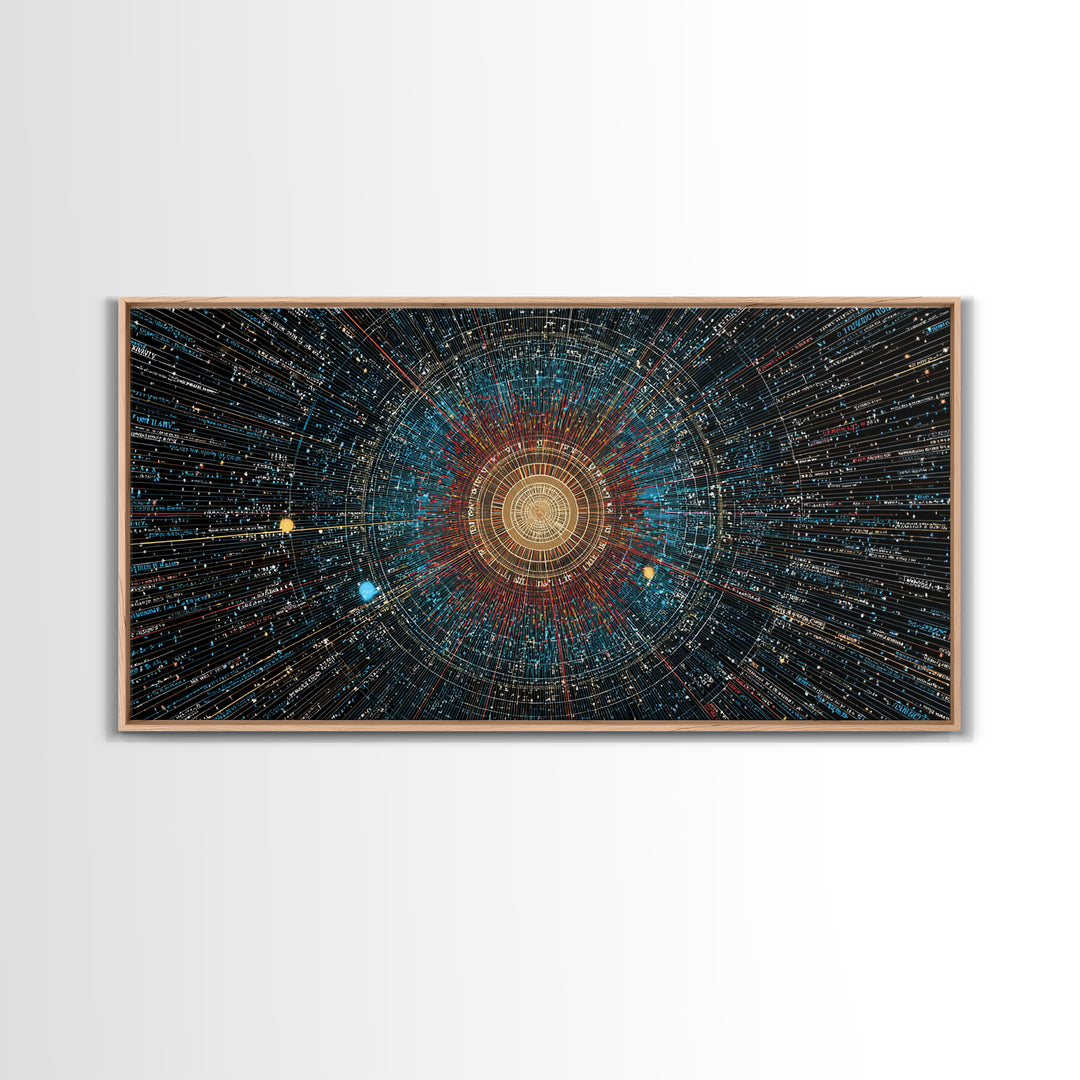 Golden Data Starburst Framed Canvas Print, Modern Abstract Art, Cosmic Geometric Wall Decor, Sci Fi Poster, Blue Orange Space Art