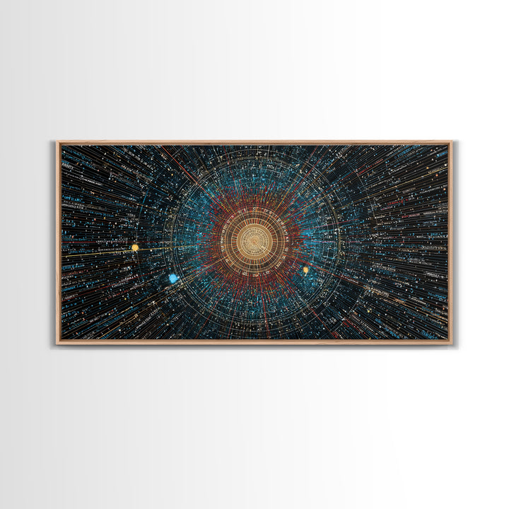 Golden Data Starburst Framed Canvas Print, Modern Abstract Art, Cosmic Geometric Wall Decor, Sci Fi Poster, Blue Orange Space Art