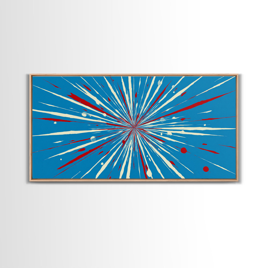 Blue Red Speed Burst Wall Art, Retro Sci Fi Star Lines, Modern Abstract Art Print, Bold Graphic Poster, Game Room Decor Gift