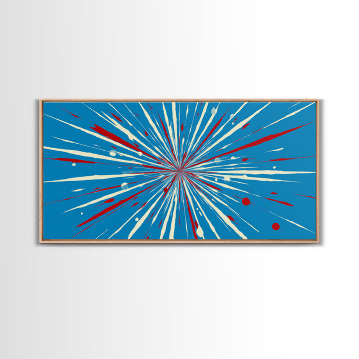 Blue Red Speed Burst Wall Art, Retro Sci Fi Star Lines, Modern Abstract Art Print, Bold Graphic Poster, Game Room Decor Gift