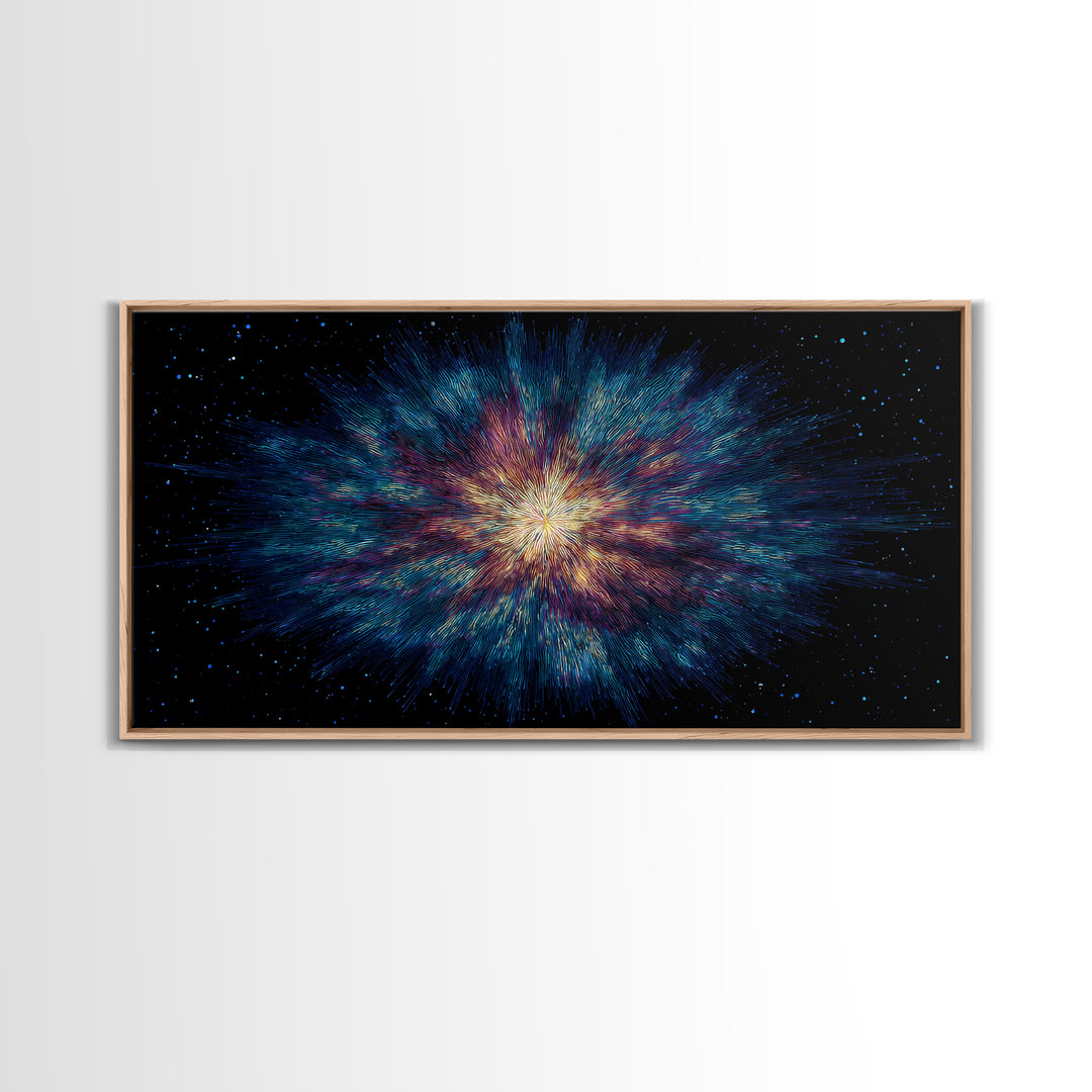 Luminous Nebula Starburst Framed Canvas Print, Cosmic Abstract Wall Art, Modern Galaxy Poster, Blue Purple Bedroom Decor