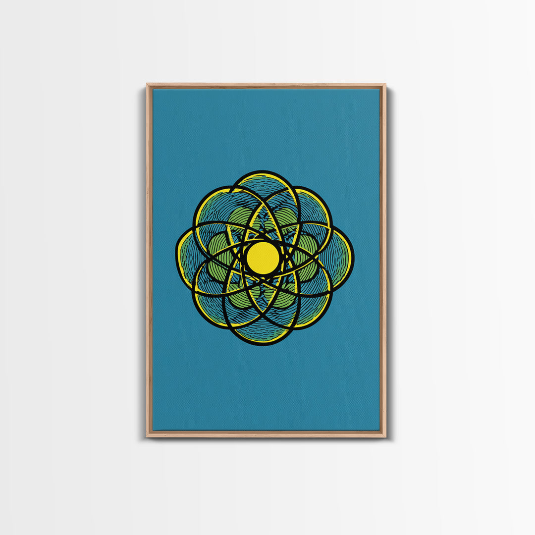 Colorful Atomic Flower Symbol On Blue Canvas Print, Midcentury Modern Wall Decor, Geometric Art Print, Retro Space Poster