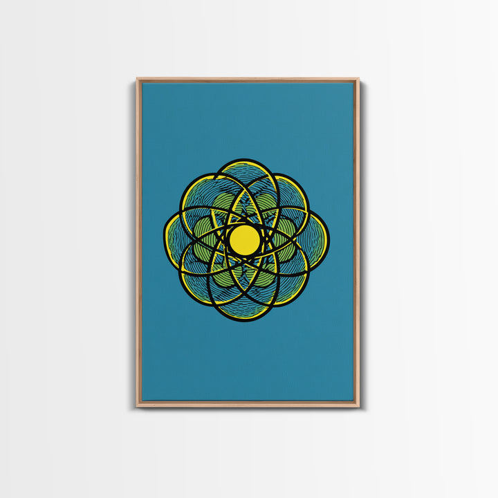 Colorful Atomic Flower Symbol On Blue Canvas Print, Midcentury Modern Wall Decor, Geometric Art Print, Retro Space Poster