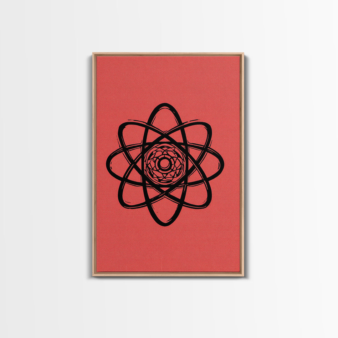 Black Atomic Symbol On Red Canvas Print, Midcentury Modern Wall Art, Retro Science Poster, Geometric MCM Home Decor, Atomic Art Print
