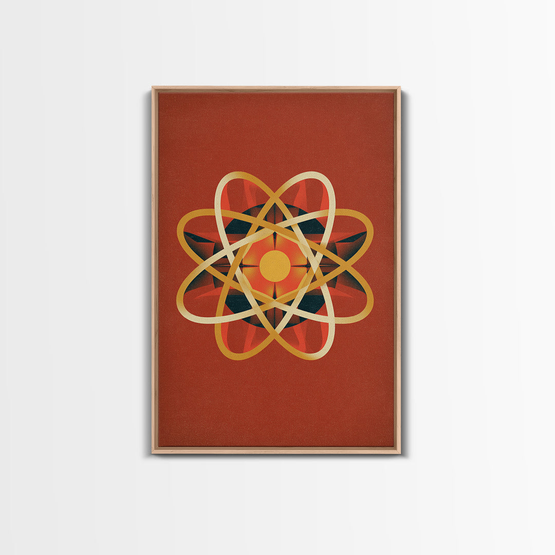 Glowing Golden Atomic Symbol Canvas Print, Midcentury Modern Wall Art, Retro Science Decor, Orange Geometric Abstract Poster