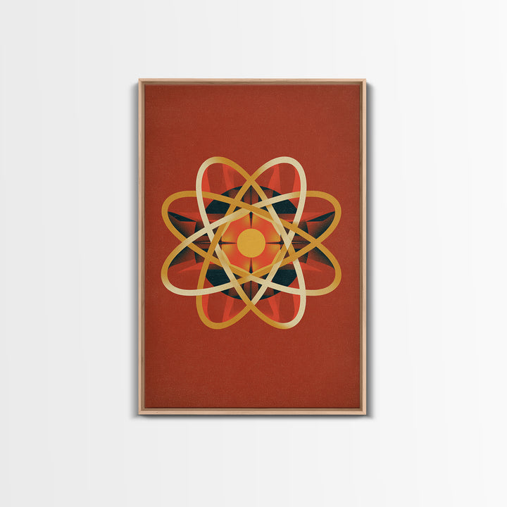 Glowing Golden Atomic Symbol Canvas Print, Midcentury Modern Wall Art, Retro Science Decor, Orange Geometric Abstract Poster