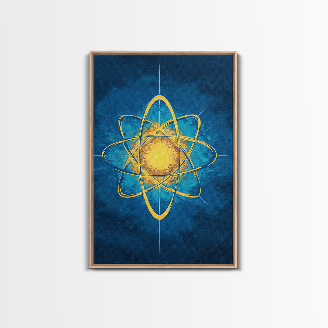 Glowing Yellow Atom On Blue Framed Canvas Print, Midcentury Modern Wall Art, Retro Science Poster, Geometric Space Decor