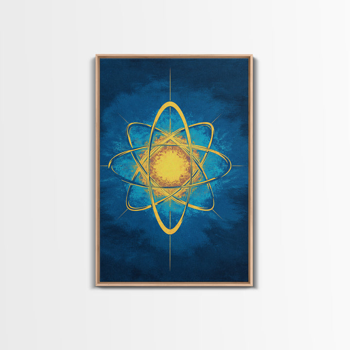 Glowing Yellow Atom On Blue Framed Canvas Print, Midcentury Modern Wall Art, Retro Science Poster, Geometric Space Decor