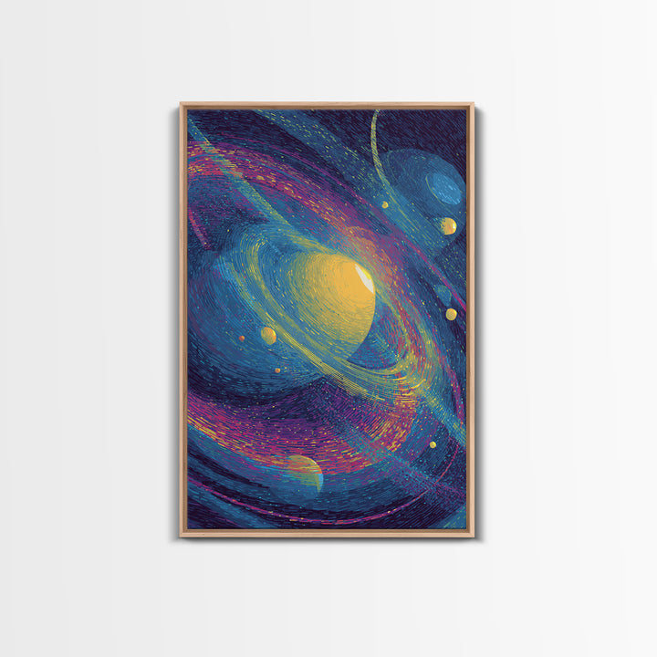 Vibrant Saturn Galaxy With Colorful Swirls Canvas Print, Cosmic Retro Wall Decor, Modern Abstract Art, Space Poster Gift