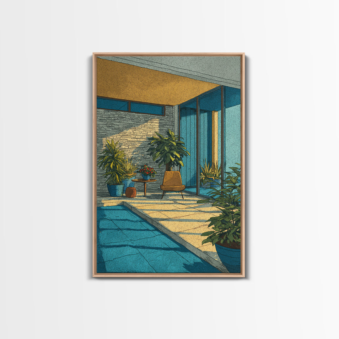 Sunlit Mid Century Patio Pool Framed Canvas Print, Modern Architecture Wall Art, Palm Springs Decor, MCM Home Office Decor