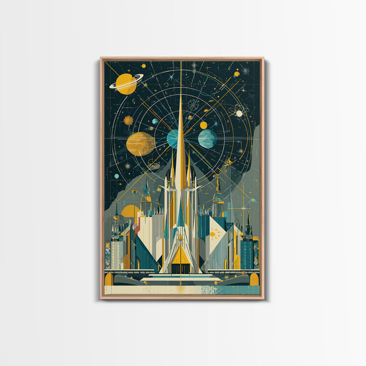 Atomic Rocket Spire Space Age City Canvas Print, Mid Century Modern Wall Art, Futuristic Planet Poster, Geometric MCM Decor