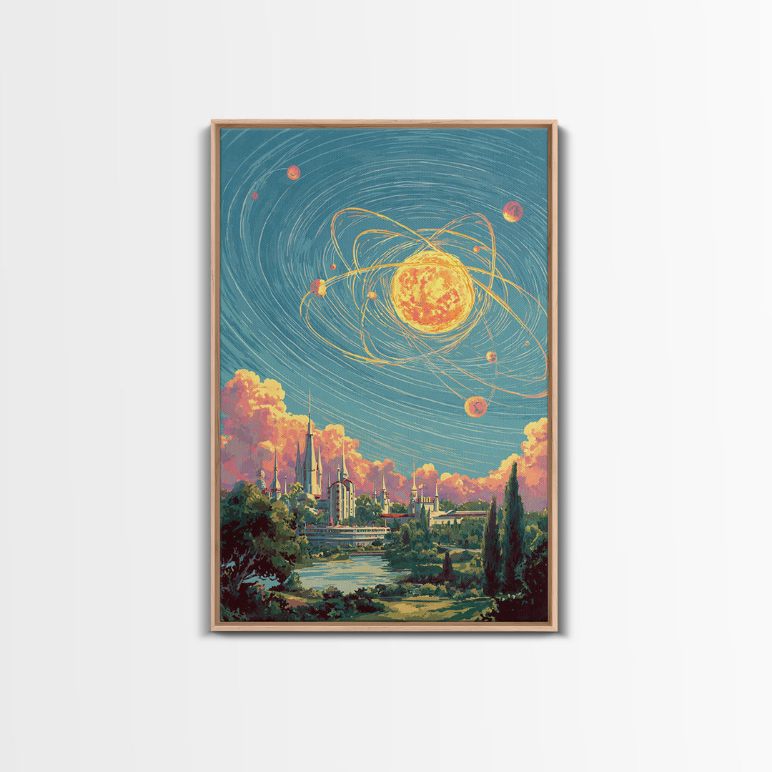 Glowing Atomic Sun Over Retro Future City Canvas Print, Mid Century Modern Wall Art, Cosmic Space Poster, Scenic MCM Decor