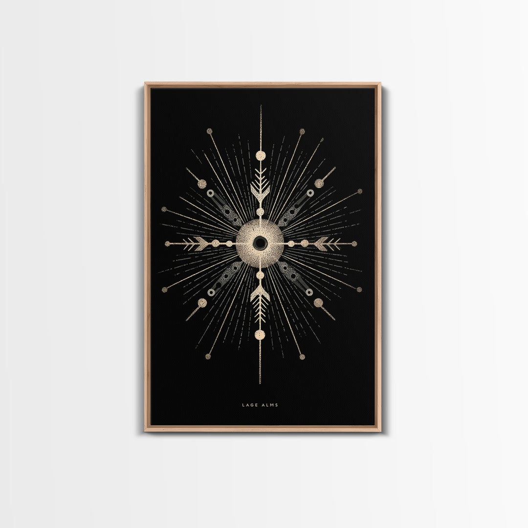 Gold Celestial Starburst Canvas Print, Black Cosmic Wall Decor, Midcentury Atomic Abstract Poster, Spiritual Geometric Art