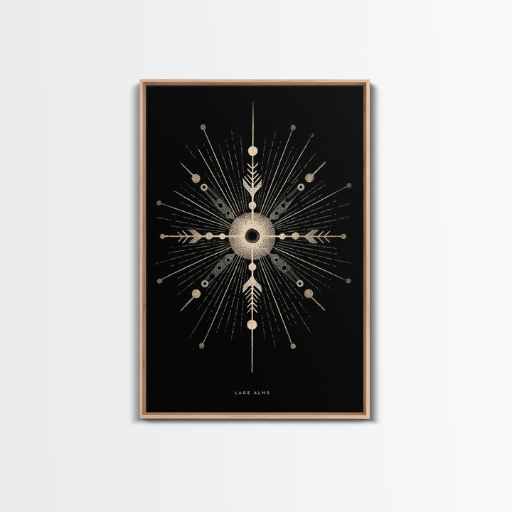 Gold Celestial Starburst Canvas Print, Black Cosmic Wall Decor, Midcentury Atomic Abstract Poster, Spiritual Geometric Art