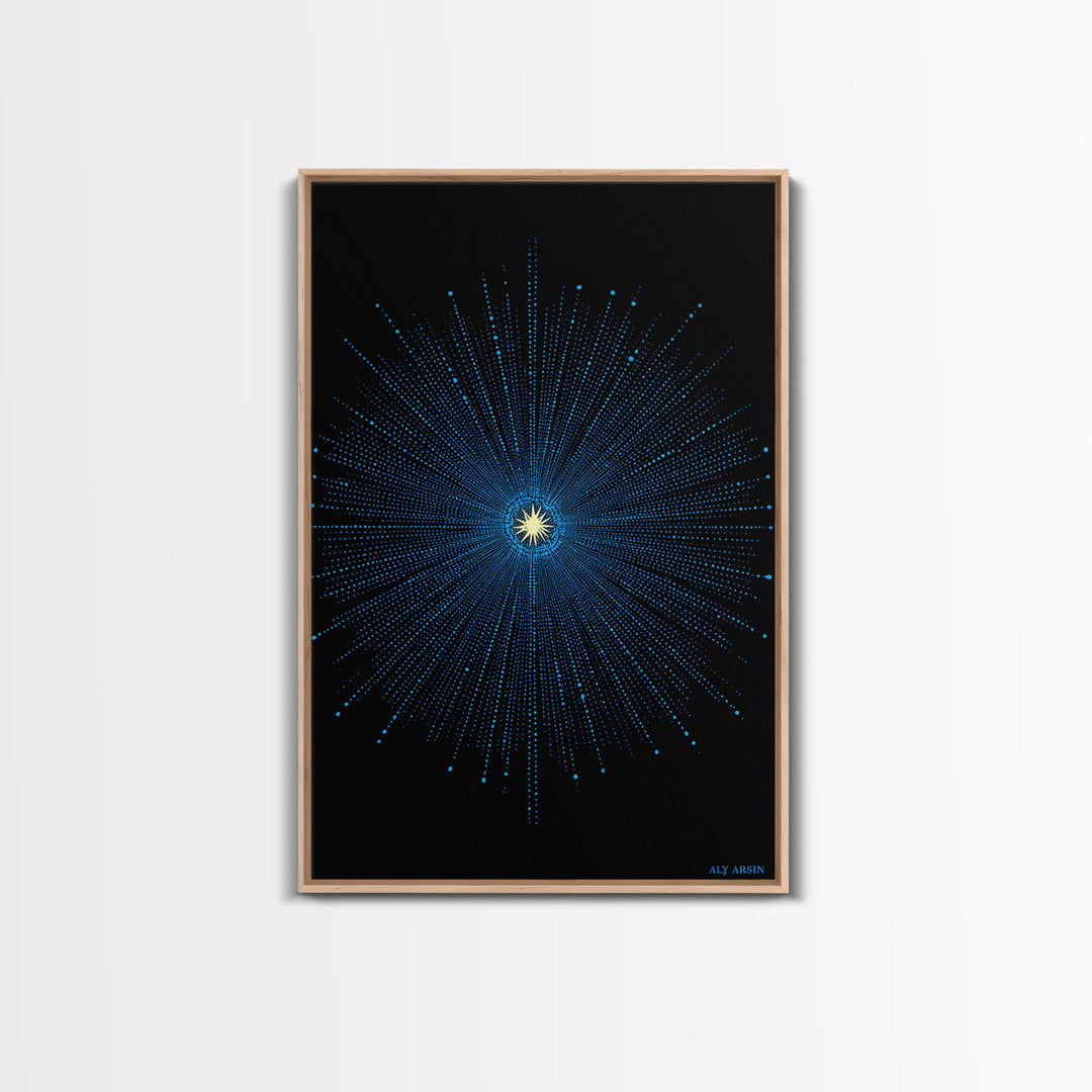 Blue Cosmic Starburst Wall Art, Modern Abstract Space Poster, Atomic Midcentury Decor, Black Sci Fi Galaxy Print For Living Room