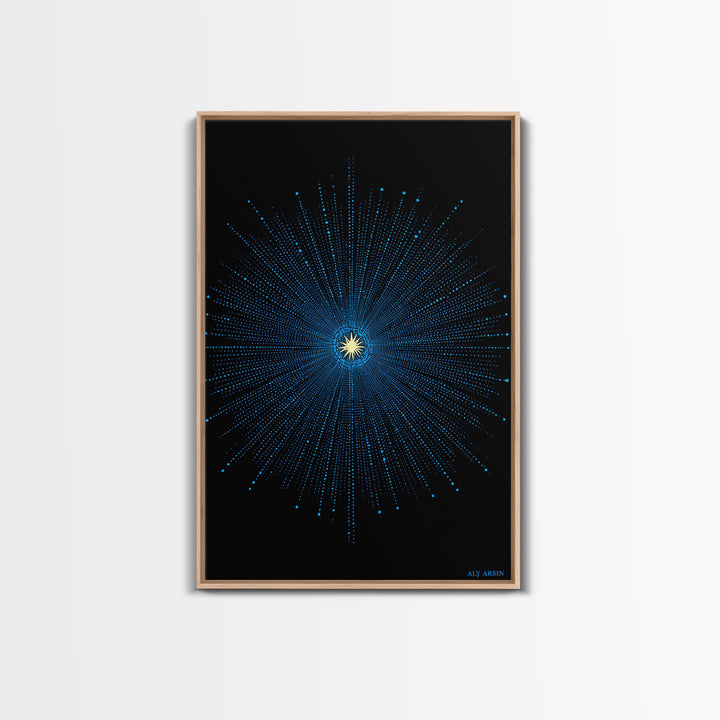Blue Cosmic Starburst Wall Art, Modern Abstract Space Poster, Atomic Midcentury Decor, Black Sci Fi Galaxy Print For Living Room