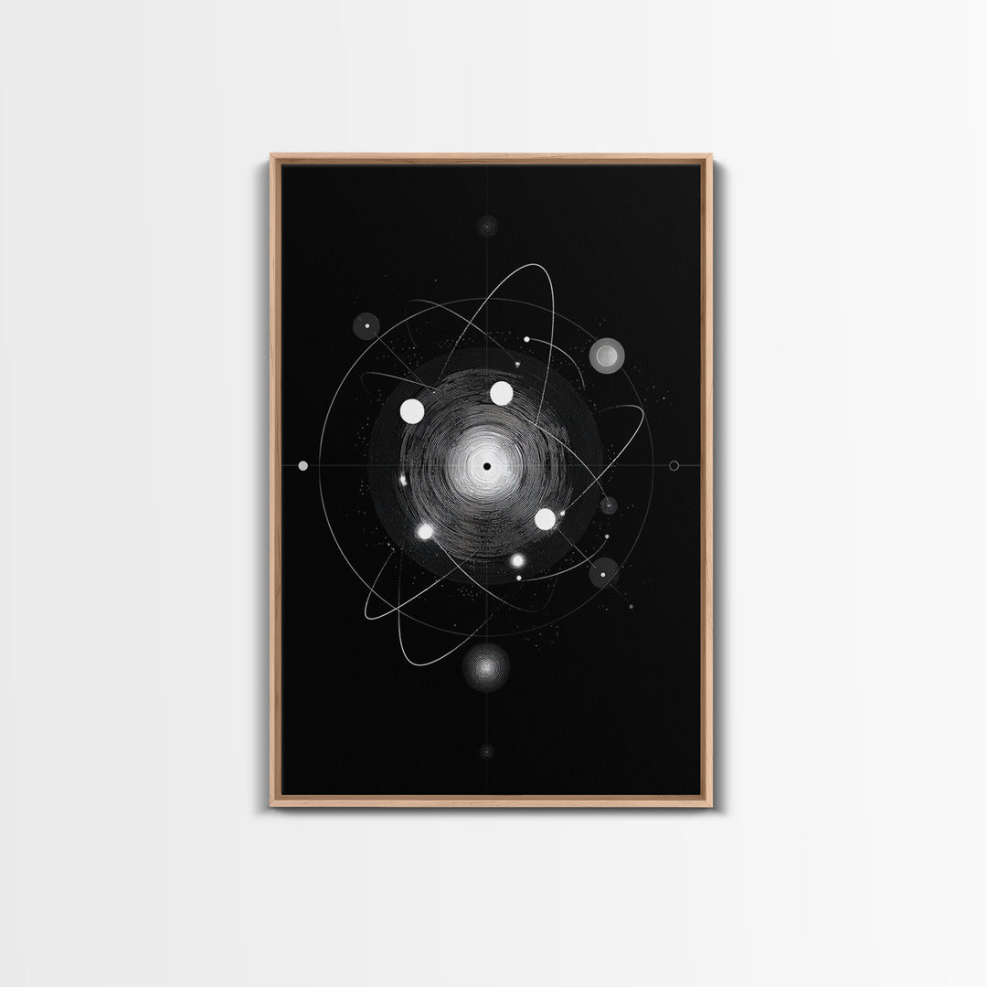 Radiant Atomic Orbit Vortex Wall Art, Black And White Space Abstract, Mid Century Modern Decor, Geometric Sci Fi Poster Print
