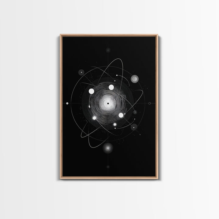 Radiant Atomic Orbit Vortex Wall Art, Black And White Space Abstract, Mid Century Modern Decor, Geometric Sci Fi Poster Print