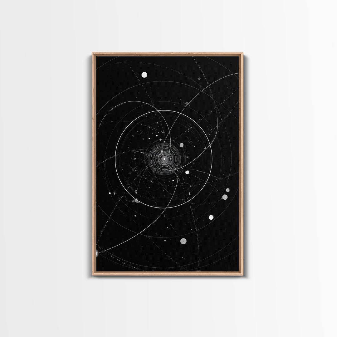 Deep Space Orbital Spiral Wall Art, Black White Cosmic Abstract, Geometric Modern Art Print, Retro Sci Fi Home Decor Poster