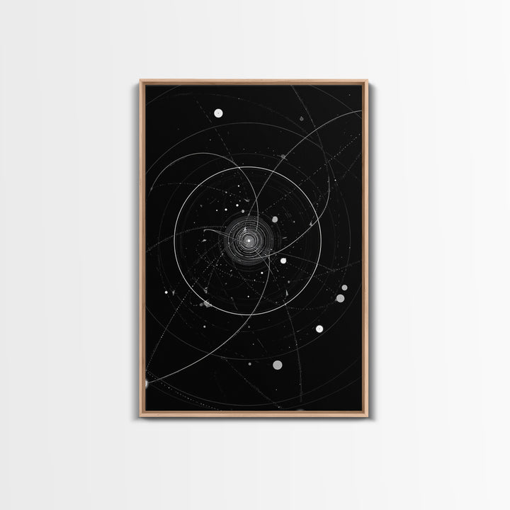 Deep Space Orbital Spiral Wall Art, Black White Cosmic Abstract, Geometric Modern Art Print, Retro Sci Fi Home Decor Poster