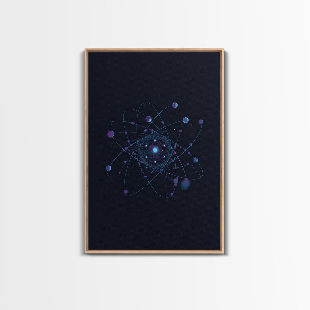 Blue Purple Atomic Orbit Canvas Print, Dark Space Abstract Science Art, Modern Wall Decor, Midcentury Geometric Poster Print