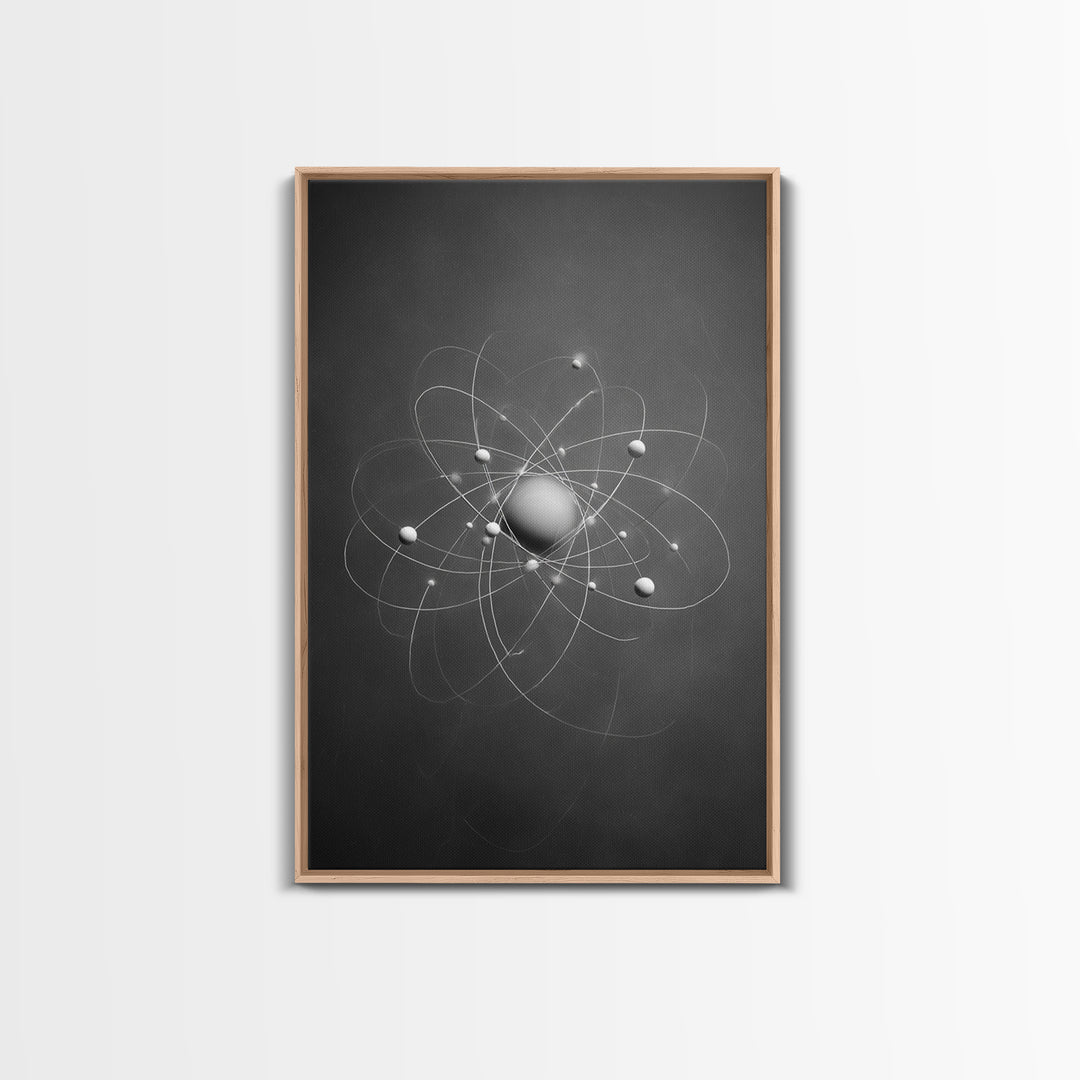 Monochrome Atom Model Framed Canvas Print, Gray Science Abstract Art, Modern Wall Decor, Mid Century Geometric Poster Print