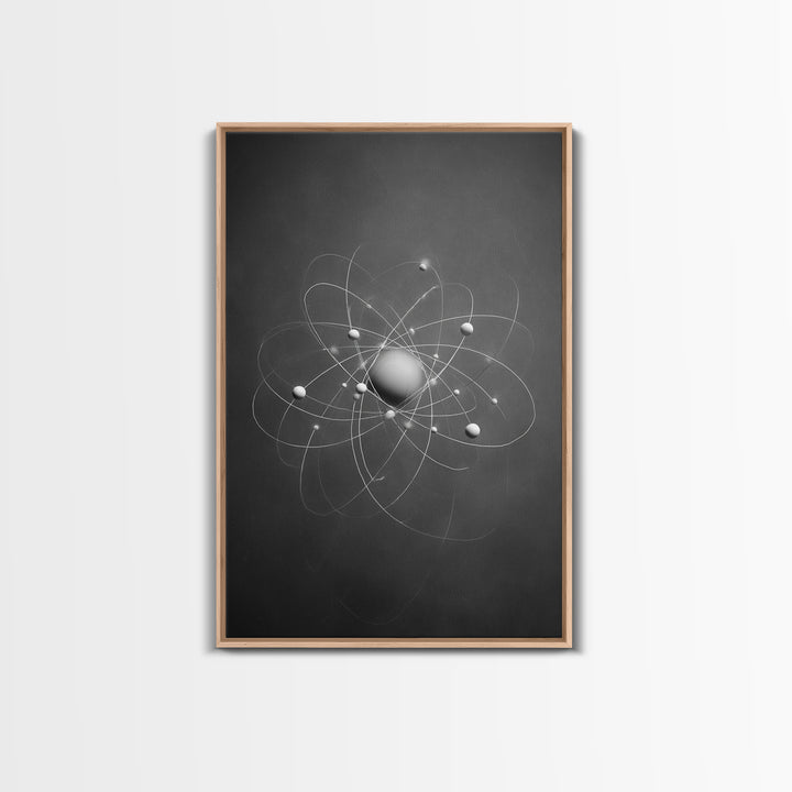 Monochrome Atom Model Framed Canvas Print, Gray Science Abstract Art, Modern Wall Decor, Mid Century Geometric Poster Print
