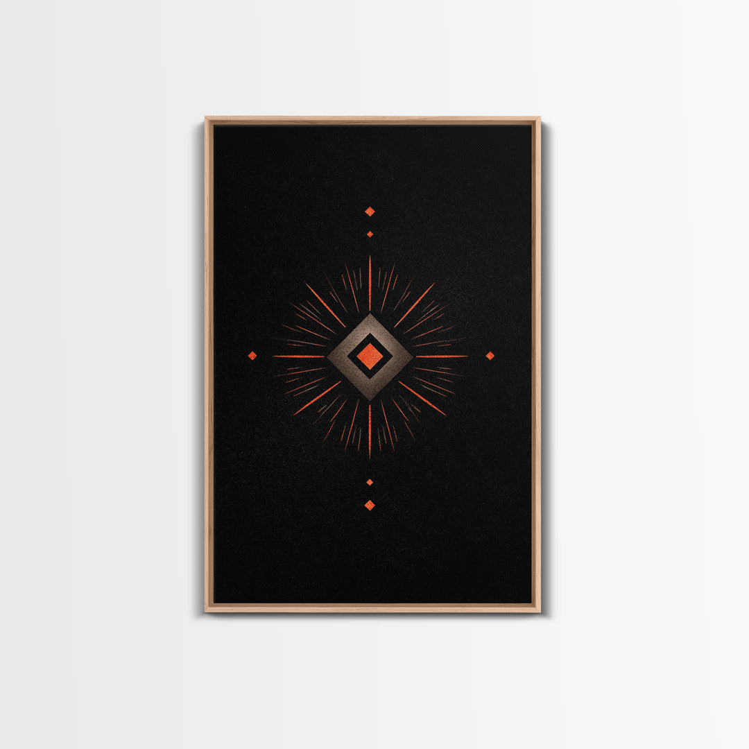 Orange Diamond Sunburst Wall Art, Black Atomic Abstract Design, Mid Century Modern Decor, Geometric Retro Poster Print Art