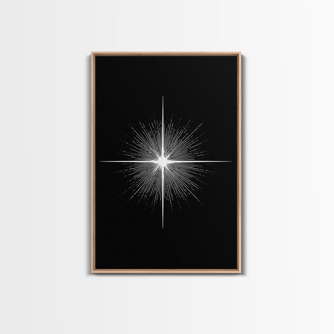 White Radiant Starburst Wall Art, Black Minimal Cosmic Abstract, Modern Geometric Poster, Mid Century Space Home Decor Print