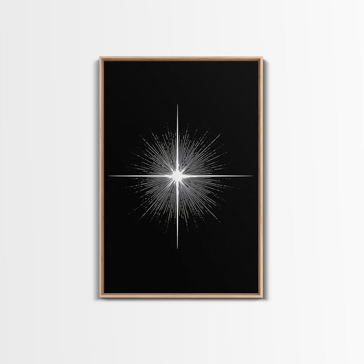 White Radiant Starburst Wall Art, Black Minimal Cosmic Abstract, Modern Geometric Poster, Mid Century Space Home Decor Print
