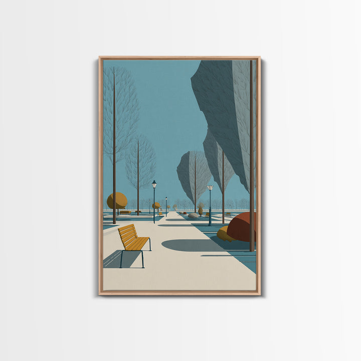Winter Park Avenue With Yellow Bench Wall Art, Mid Century Modern Landscape Print, Scandinavian Modern Office Decor Poster
