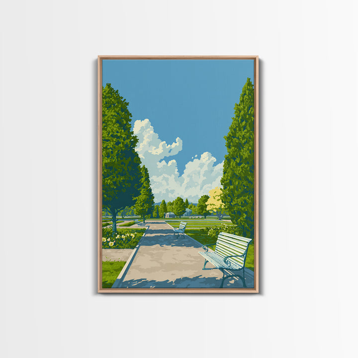 Green Formal Garden Walkway Framed Canvas Print, Mid Century Modern Nature Art, Bright Park Landscape Wall Decor For Home Office