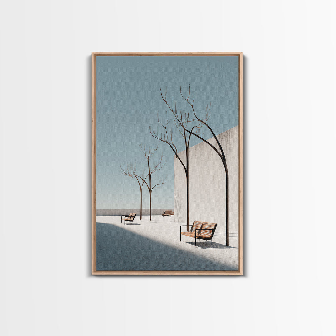 Minimal White Courtyard Benches Wall Art, Mid Century Modern Architectural Print, Scandinavian Modern Minimalist Decor Poster