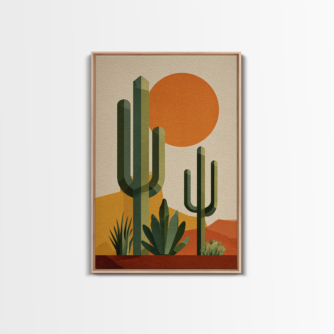 Tall Saguaro Cactus Orange Sun Wall Art, Mid Century Modern Desert Print, Southwestern Decor, Retro Botanical Poster For Home
