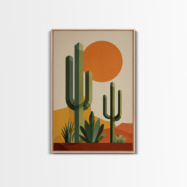 Tall Saguaro Cactus Orange Sun Wall Art, Mid Century Modern Desert Print, Southwestern Decor, Retro Botanical Poster For Home