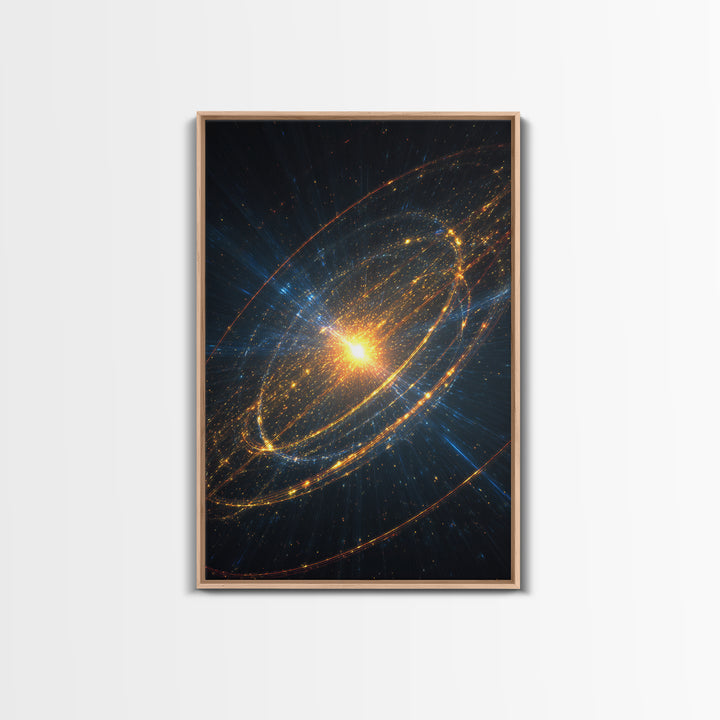 Radiant Starburst Galaxy With Golden Orbital Rings Wall Art, Cosmic Space Poster, Modern Abstract Art, Sci Fi Home Decor