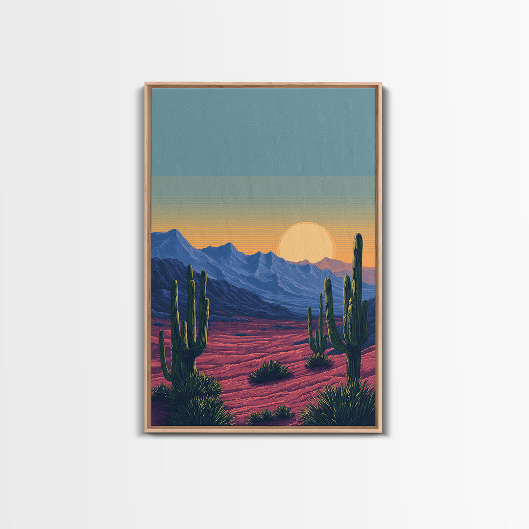 Saguaro Desert Mountains At Sunset Wall Art, Mid Century Modern Southwest Landscape, Retro Travel Poster, Colorful Home Decor