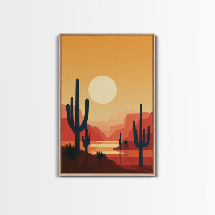 Canyon River Saguaro Sunset Canvas Print, Mid Century Modern Desert Poster, Southwestern Decor, Orange Living Room Wall Art