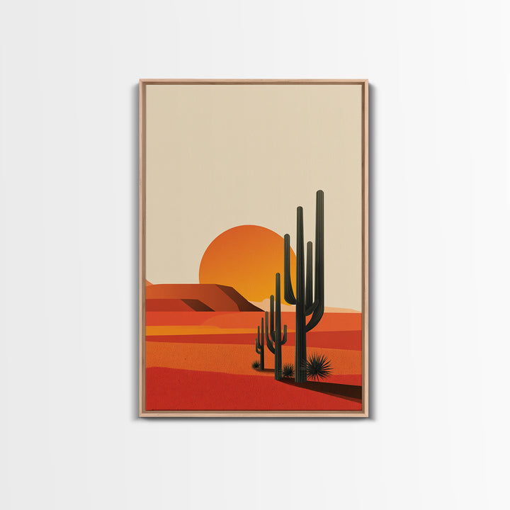 Orange Desert Sun With Tall Cactus Framed Canvas Print, Mid Century Modern Art, Minimal Southwest Decor, Warm Retro Poster