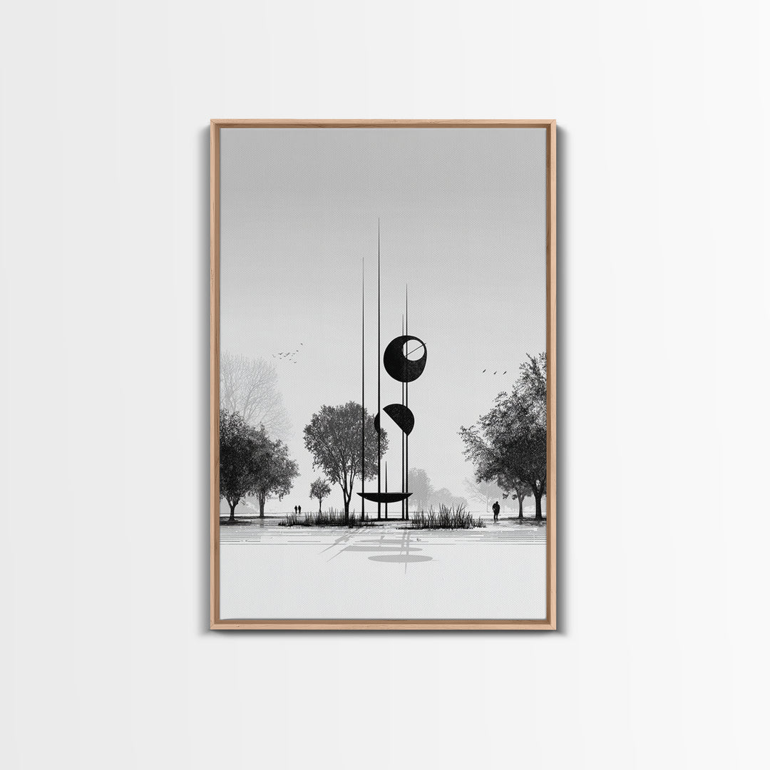 Black And White Modern Sculpture Wall Art, Minimalist Landscape Print, Contemporary Office Decor, Abstract Geometric Art