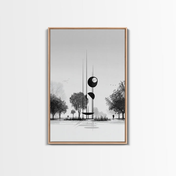 Black And White Modern Sculpture Wall Art, Minimalist Landscape Print, Contemporary Office Decor, Abstract Geometric Art