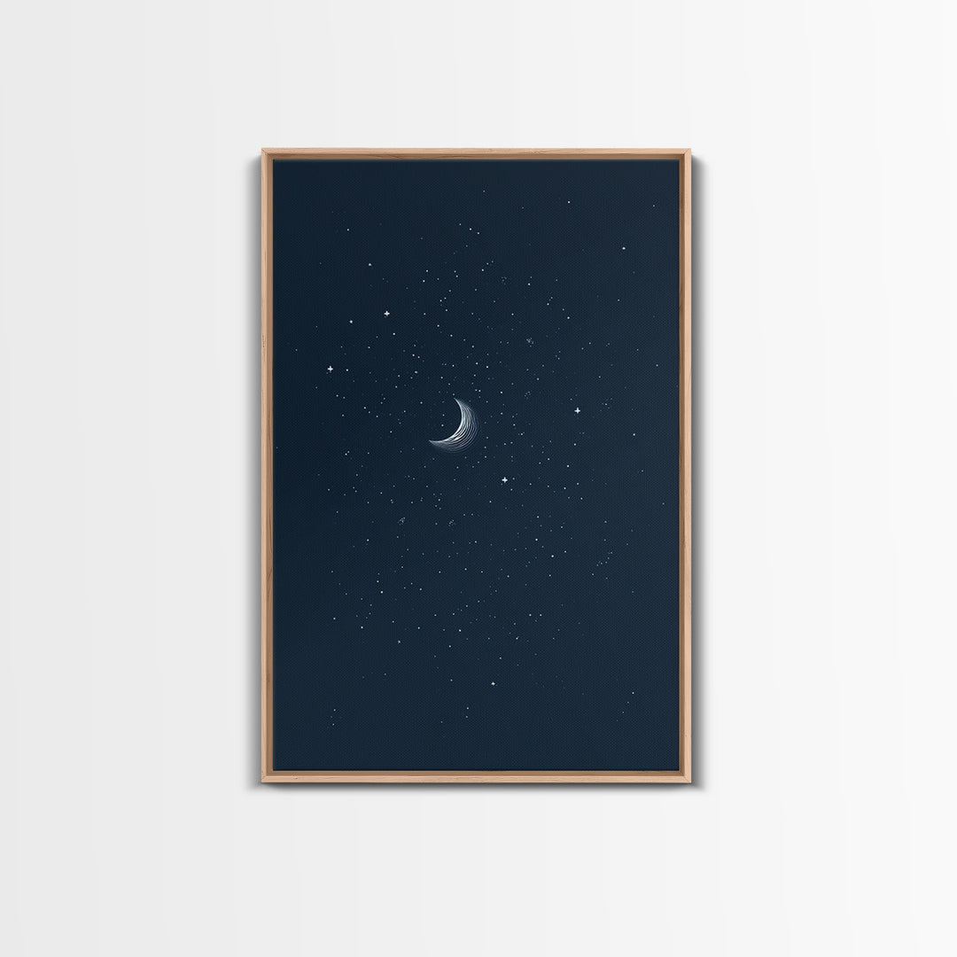 Navy Crescent Moon Starry Night Wall Art, Minimalist Celestial Print, Blue Bedroom Decor, Spiritual Modern Art Poster Gift