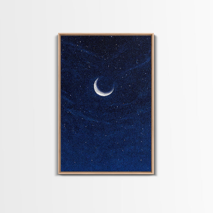 Deep Blue Crescent Moon Canvas Print, Starry Night Sky Wall Art, Minimalist Celestial Decor, Modern Bedroom Art Poster Print