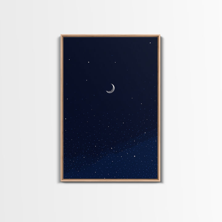 Dark Navy Crescent Moon Wall Art, Starry Sky Minimalist Print, Blue Celestial Decor, Modern Bedroom Poster, Spiritual Gift