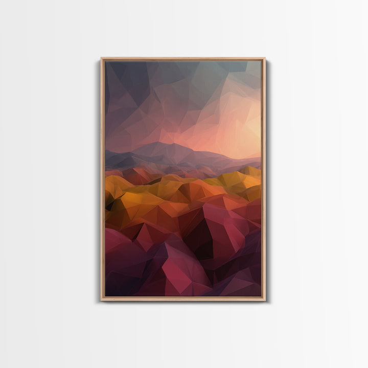 Low Poly Desert Sunset Over Red Hills Framed Canvas Print, Abstract Landscape Wall Art, Southwestern Decor, Modern Poster