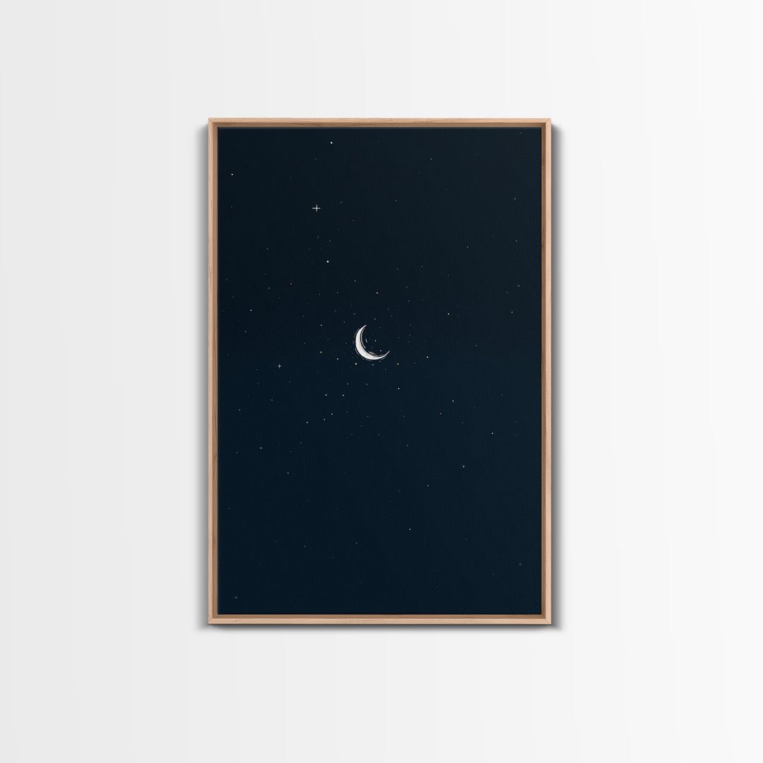 Minimal Crescent Moon Starry Night Wall Art, Celestial Dark Blue Poster, Modern Printable, Bedroom Decor, Mystic Nursery Print
