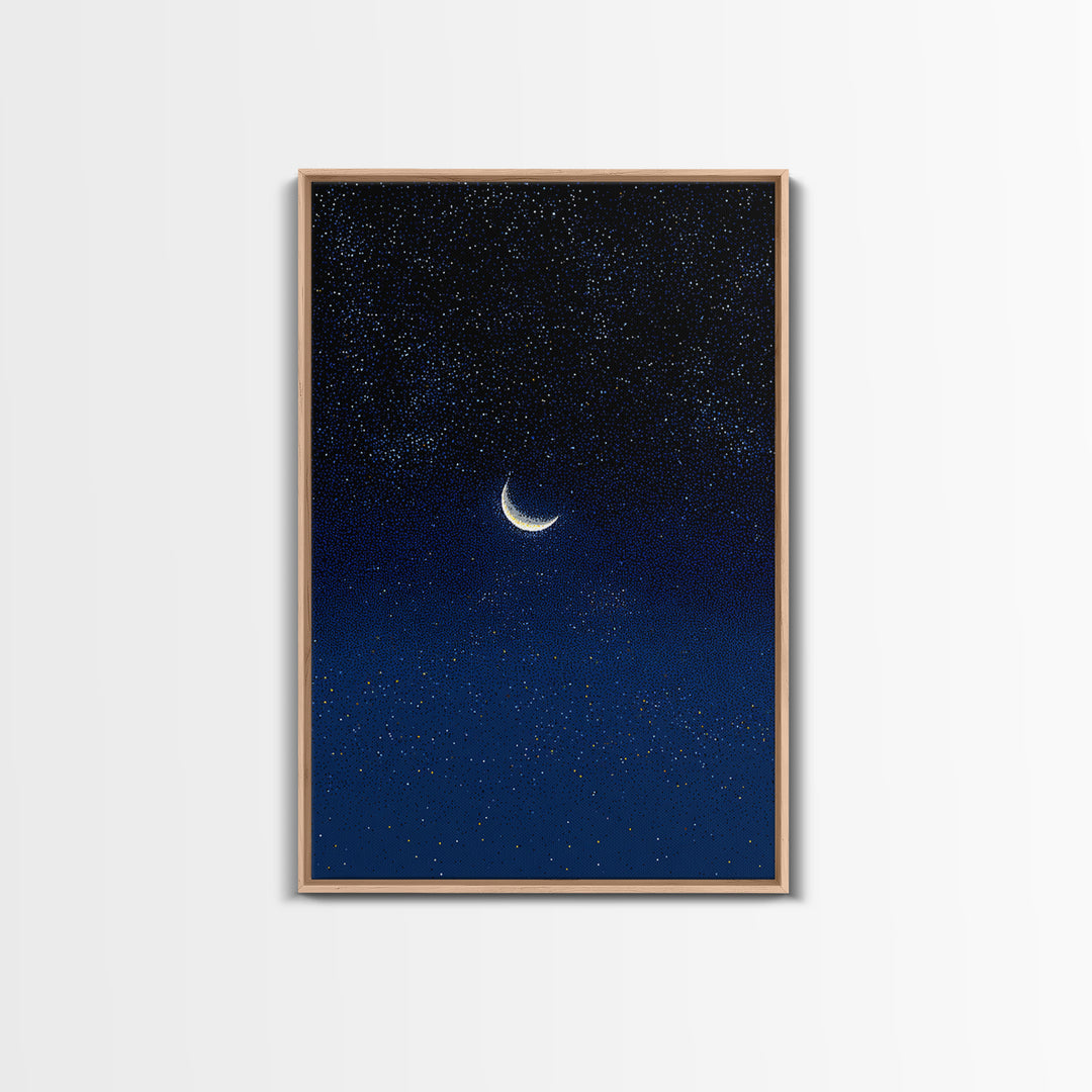 Glowing Crescent Moon Blue Star Field Canvas Print, Celestial Night Sky Poster, Modern Wall Decor, Dreamy Bedroom Art Print
