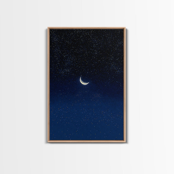Glowing Crescent Moon Blue Star Field Canvas Print, Celestial Night Sky Poster, Modern Wall Decor, Dreamy Bedroom Art Print