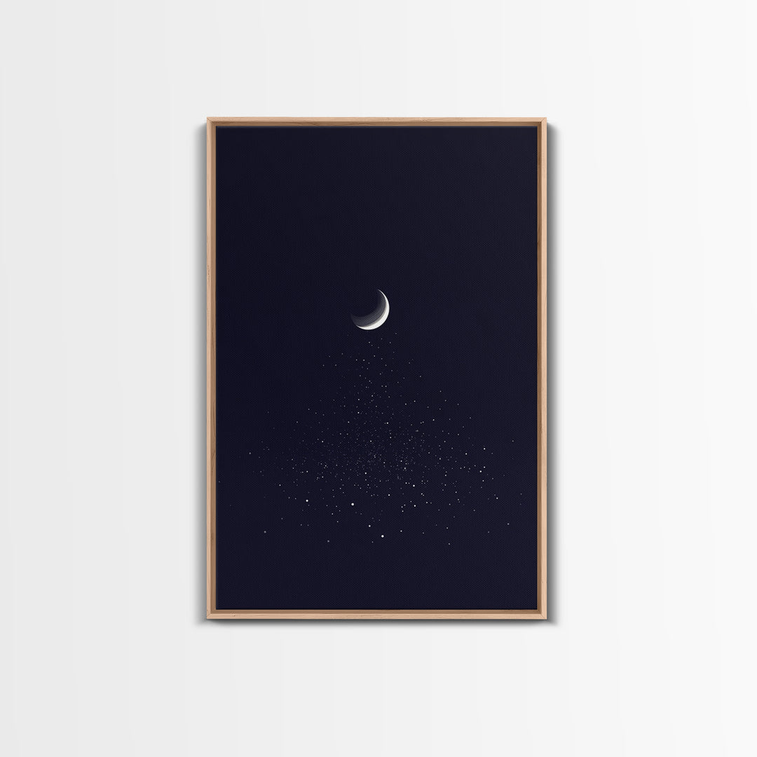 Silver Crescent Moon With Falling Stars Framed Canvas Print, Minimal Celestial Wall Decor, Navy Bedroom Art, Mystical Poster
