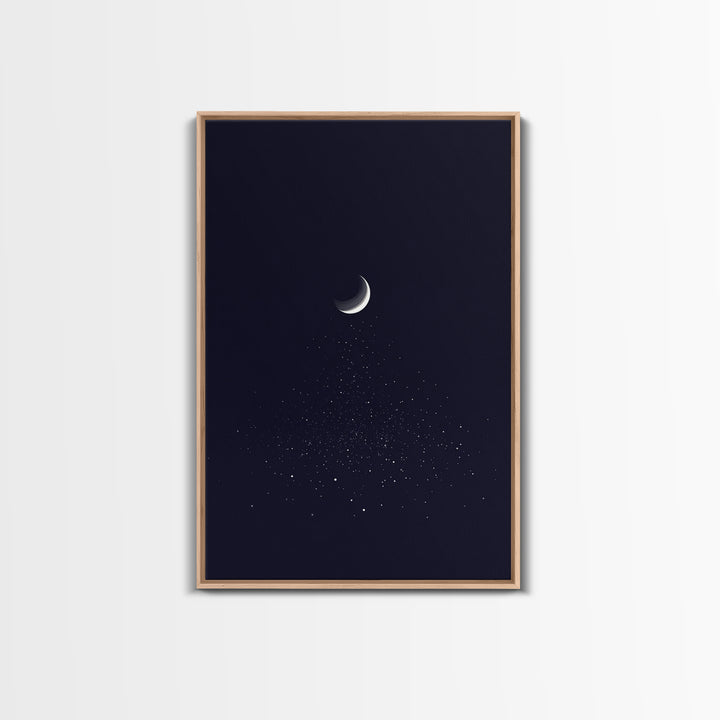 Silver Crescent Moon With Falling Stars Framed Canvas Print, Minimal Celestial Wall Decor, Navy Bedroom Art, Mystical Poster